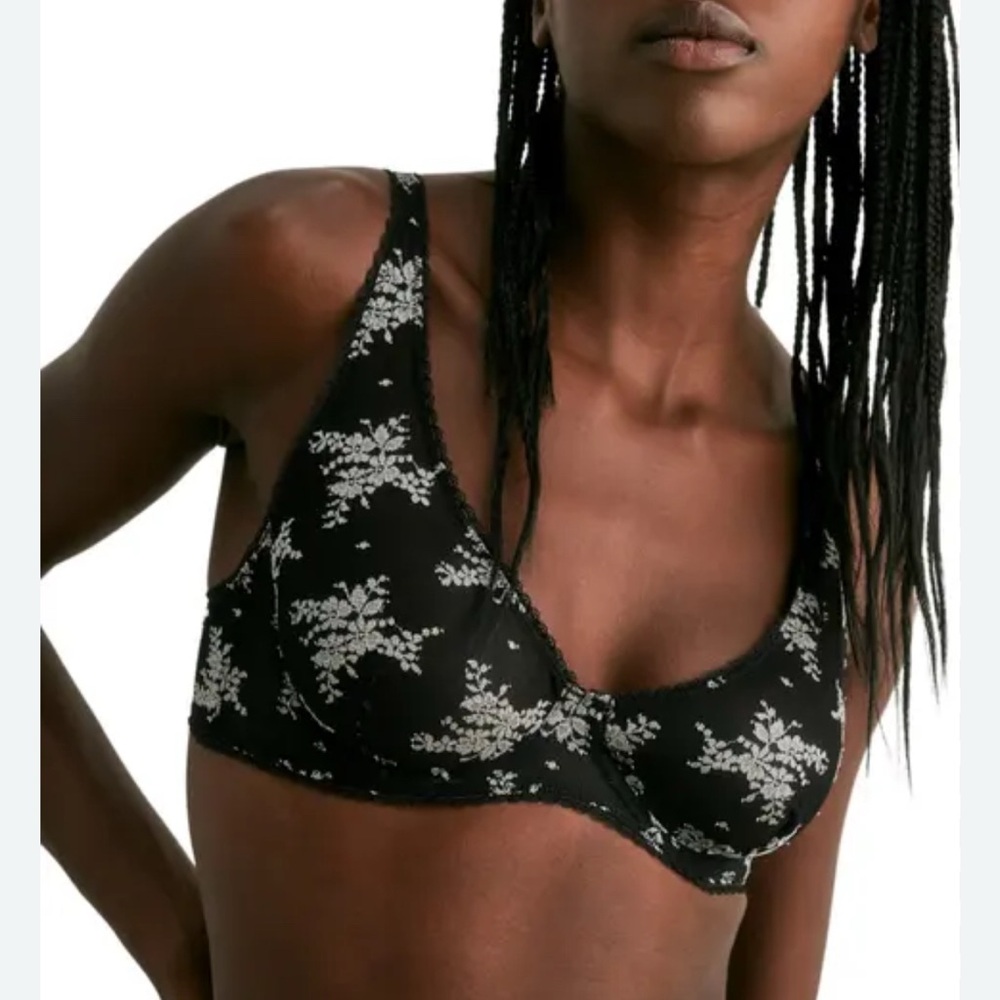 Free People Talk About It Mesh Underwire Black Floral Bra Size 32C New